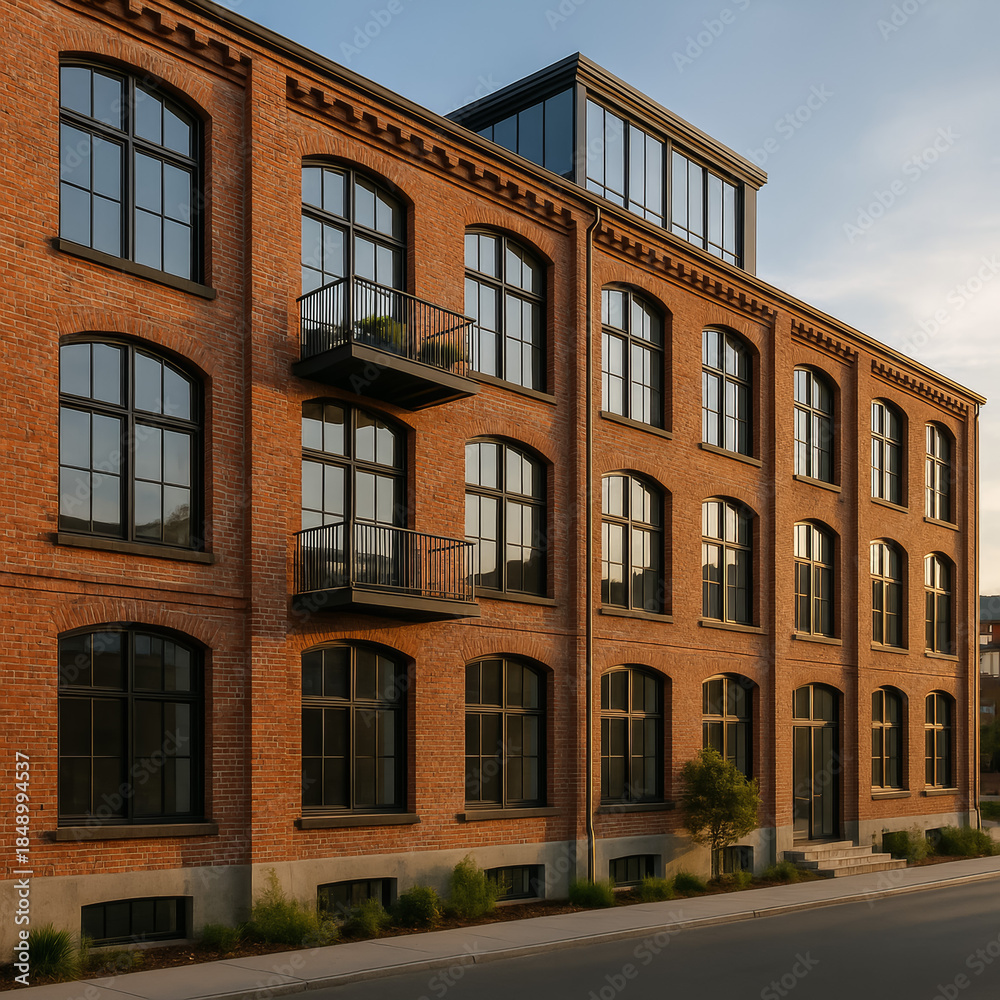 Fototapeta premium Modern brick building with large windows and balconies at sunset