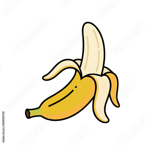 Colorful cartoon peeled banana with hanging skin, ripe yellow fruit doodle, simple vector illustration on white background.