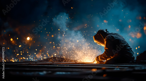 Worker welds at night, surrounded by bright sparks and smoky atmosphere, creating dramatic and intense scene. silhouette of welder is highlighted against glowing background