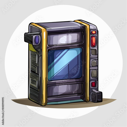 Cartoon illustration of a futuristic vending machine with a screen and buttons.