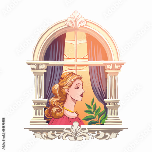 Illustration of a woman with blonde hair looking out of an ornate window with blue curtains.