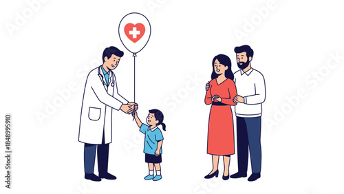 Health Advocate's Care: A doctor extends a helping hand, offering a balloon to a young girl and her parents. The scene signifies care, support, and the importance of healthcare.