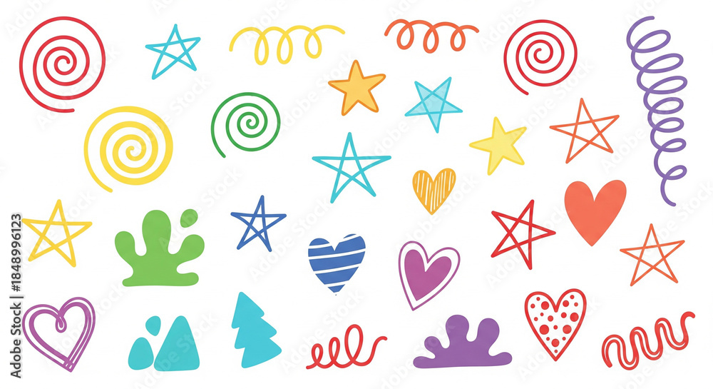 Fototapeta premium Vibrant collection of hand-drawn doodle elements. Features colorful stars, hearts, spirals, and abstract shapes. Ideal for playful designs and creative artistic projects
