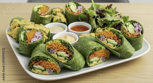 Healthy spinach wraps filled with fresh vegetables, served with a vibrant green salad, creamy hummus, and assorted dipping sauces on a white platter against a wooden background.