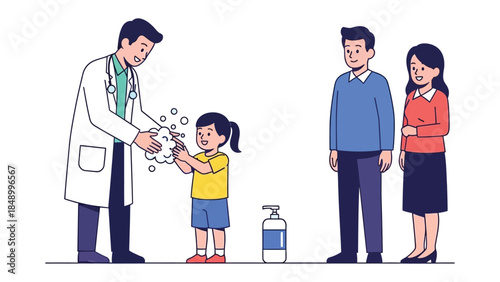Hygiene Education: A scene depicts a doctor guiding a young girl on proper handwashing. The girl, in turn, is watched by her parents, exemplifying the value of hygiene in public health.