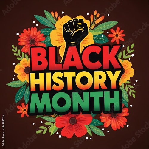 Vibrant black history month logo with floral design and raised fist