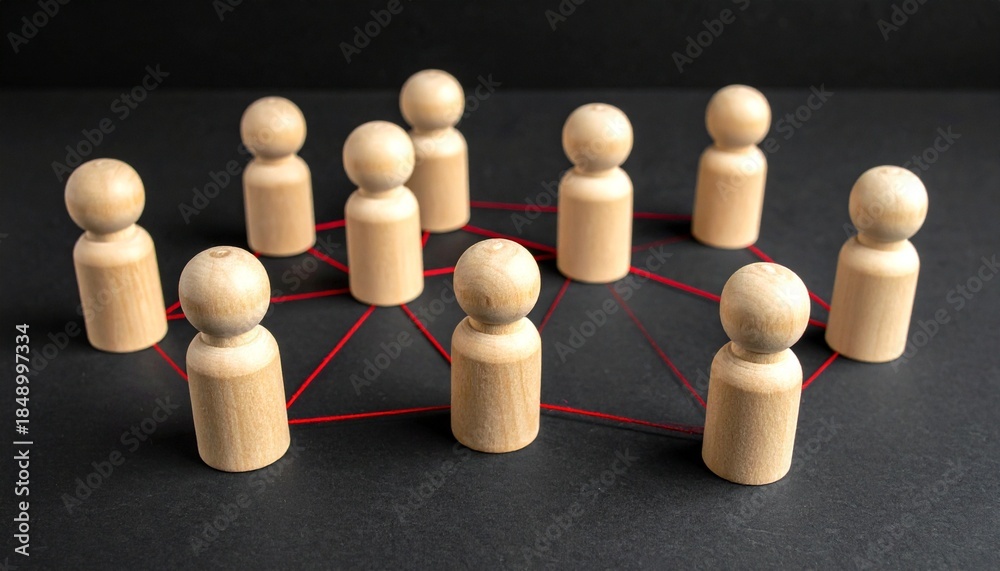 Obraz premium Wooden peg people connected by red strings representing social networking team collaboration and professional community links