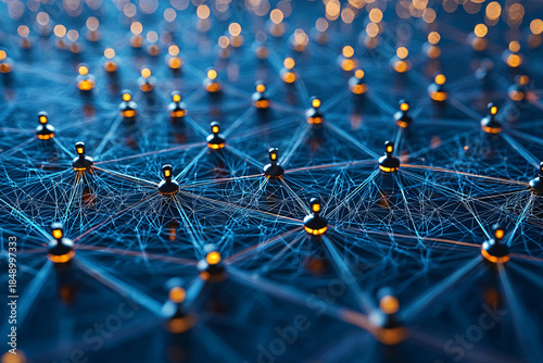 Futuristic concept of a digital network with glowing nodes connected by fine blue lines, symbolizing data, communication, and modern technology in a connected world.