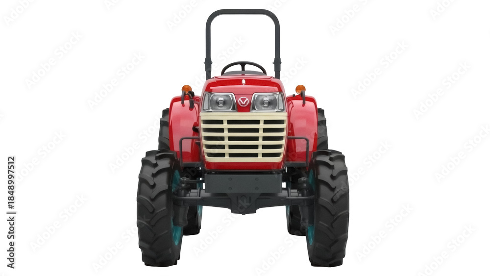 Naklejka premium Isolated red tractor, front view, agriculture equipment, farming vehicle for field work