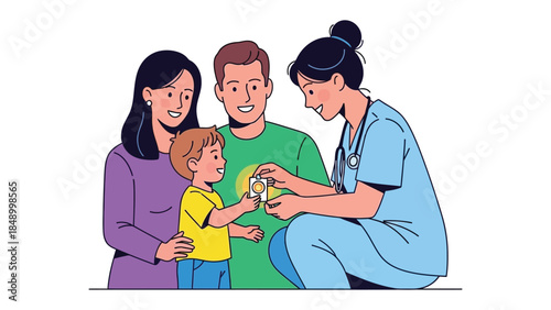 Nurturing Wellness: A caring medical professional attends to a young child, accompanied by his loving parents, highlighting the importance of family and well-being.