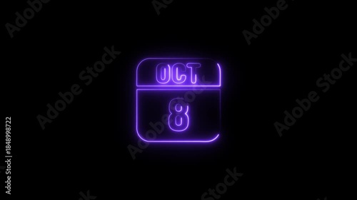 Neon purple October 8th calendar icon on black background