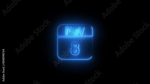 Neon blue November 8th calendar icon on black background