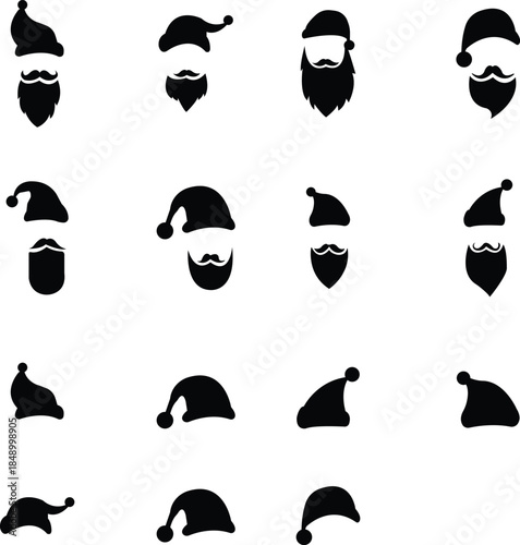 A set of Black Santa Claus silhouettes for festive Christmas designs. group collection three Santa Claus head silhouettes with beards and sunglasses Christmas. isolated on transparent background.