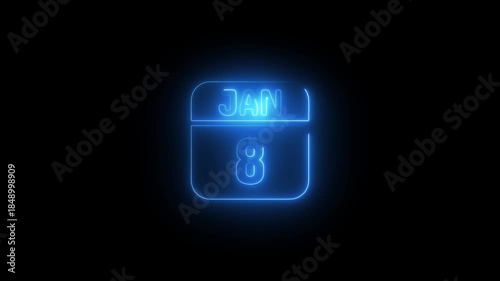Blue Neon Calendar Icon January 8th date 4k animation video on black background 