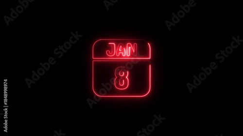 Red Neon Calendar Icon January 8th date 4k animation video on black background 