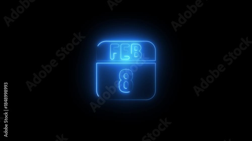 Blue Neon Calendar Icon February 8th date 4k animation video on black background 