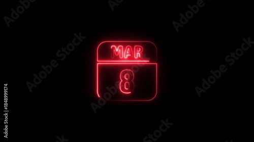 Red Neon Calendar Icon March 8th date
