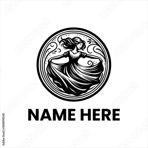 Elegant dancing woman in flowing dress, vintage-inspired circular illustration, graceful vector graphic for sophisticated logos, branding, and artistic design