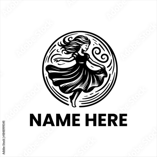 Elegant Woman Dancing Freely in Circular Swirl Emblem Logo Design