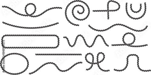 Rope set. Hand drawn doodle ropes isolated in various shapes, nautical cords. Rope circle border. Marine and climbing Cords templates. Vector illustration for decoration, crafts, sailing