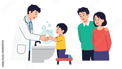 Health and Hygiene Education: A child learns the importance of hand hygiene under the watchful eye of a doctor, with his parents.