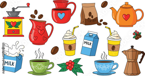 Cute coffee and tea time vector set featuring mugs, teapots, milk cartons, coffee beans, grinder, cups, and cozy beverage elements