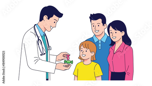 Family consultation with Pediatrician: A doctor is having a checkup with a family, offering professional advice. conveying a sense of care and trust. 