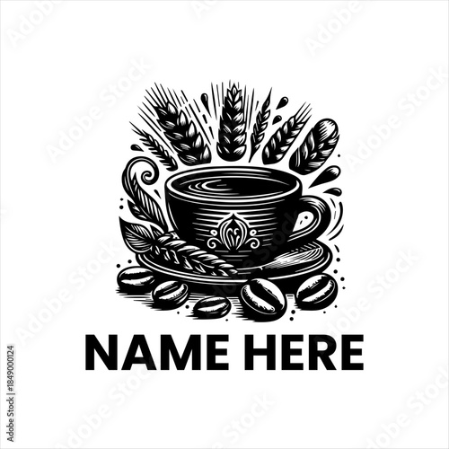 Premium Coffee Logo Design Featuring a Rich Cup of Coffee, Wheat Stalks, and Roasted Beans