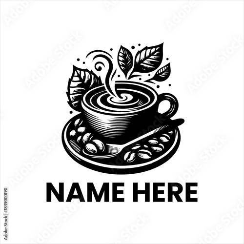 Elegant monochrome coffee cup illustration with steaming beverage, surrounded by fresh leaves and roasted beans, ideal for café branding, menu design, or beverage product packaging
