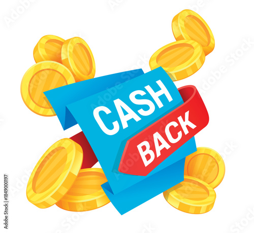 Cash back service concept with gold coins and promotional banner for savings on purchases