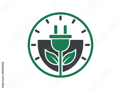 Eco-Friendly Energy Concept with Green Plug and Leafy Plant in Circle Logo Design