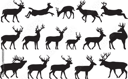 A collection of black silhouette deer images in varied poses and groupings