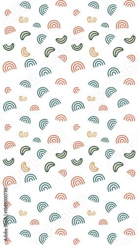 Geometric Harmony: A minimalistic design composed of repeating semi-circle shapes in varied colors dancing across a pristine expanse, inviting a sense of rhythmic serenity.