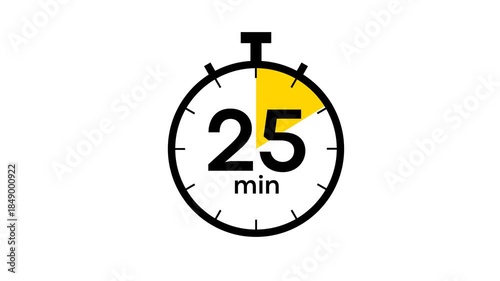 Animation of timer clock icon with 30 minute with wipe circle yellow. Stopwatch icon in flat style 30 to 0 minute isolated on white background.