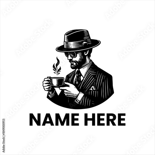 Classic Gentleman Enjoying a Hot Beverage - Retro Style Coffee or Tea Logo Concept