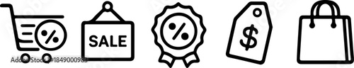 Collection of e-commerce icons shopping cart sale tag discount coupon award medal dollar symbol shopping bag, symbolizing retail business.
