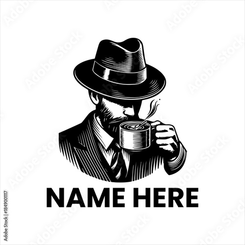 Elegant bearded man in a classic fedora hat enjoying a steaming cup of coffee, rendered with a sophisticated vintage woodcut illustration style perfect for beverage branding