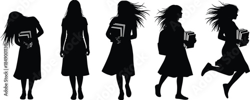 Female student silhouette vector set, black girl carrying books and running, isolated young woman in various dynamic poses representing education, energy, and learning journey