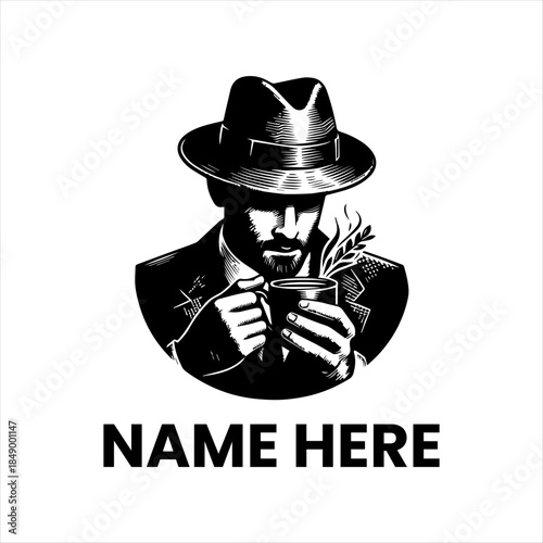 Vintage Gentleman Enjoying a Hot Beverage in a Classic Fedora Hat, Ideal for a Coffee Shop or Bar Logo