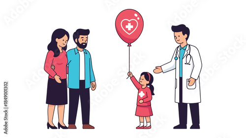 Health and Family: A comforting image captures a family receiving support, represented by a heart balloon, from a caring medical professional, symbolizing health, well-being and assurance.