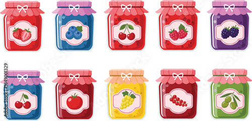 Cute fruit jam jar vector set with strawberry, blueberry, cherry, grape, and apple preserves, colorful packaging illustration for food and kitchen designs