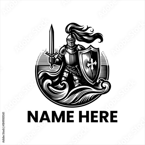 Monochrome vector artwork of a valiant armored knight with a sword and heraldic shield, presented within an ornate circular emblem, ideal for a powerful brand identity or classic logo template