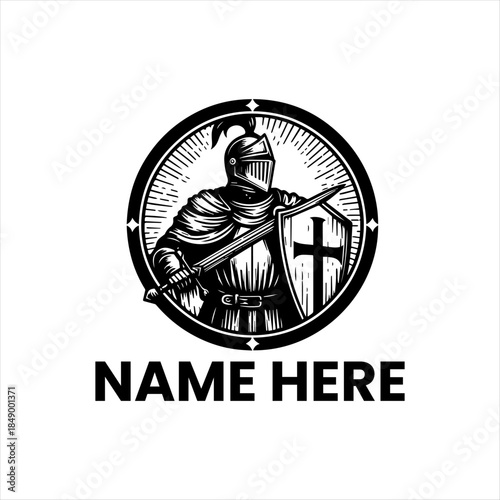 Medieval Knight Warrior Emblem with Sword and Shield - A Classic Design Representing Strength, Honor, and Bravery