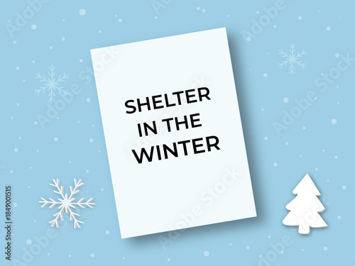 Winter Greeting Card Mockup Flat Lay Blue Background