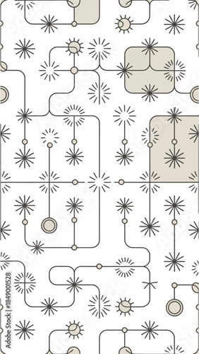 Abstract connection: A seamless, high-contrast, artistic illustration shows interconnected components in a repeating layout, it's perfect for graphic design use.