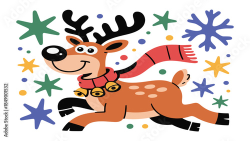 Cheerful Reindeer Festive Cheer: A charming reindeer, adorned with a red scarf and jingling bells, leaps joyfully amidst a flurry of colorful snowflakes, embodying the playful spirit of the season.