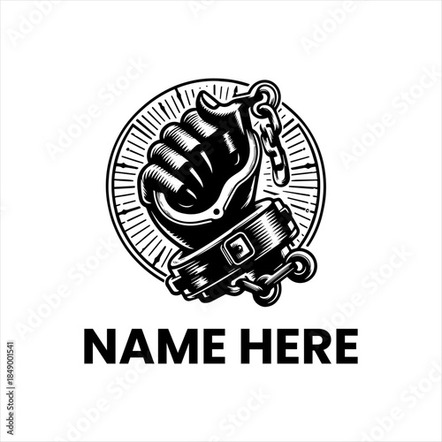 Black and White Logo of a Fist Breaking Free from Chains with a Circular Burst Background and Placeholder Text