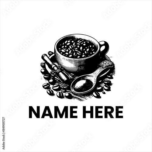 Elegant Coffee Cup with Beans and Spoon Illustration for Branding and Cafe Menus