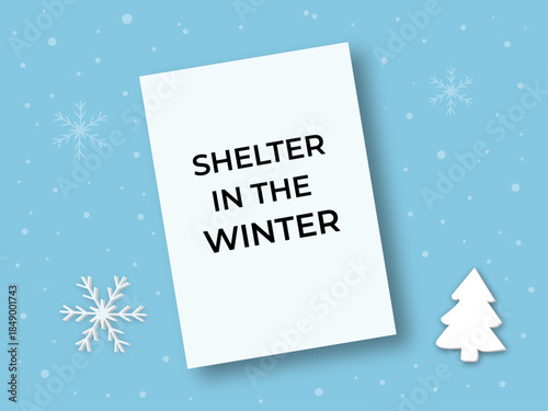 Winter Greeting Card Mockup Flat Lay Blue Background