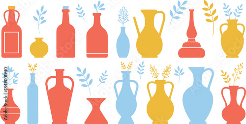Decorative vase silhouette vector set with floral arrangements, minimalist pottery bottles and pitchers in modern pastel colors for interior and home decor designs